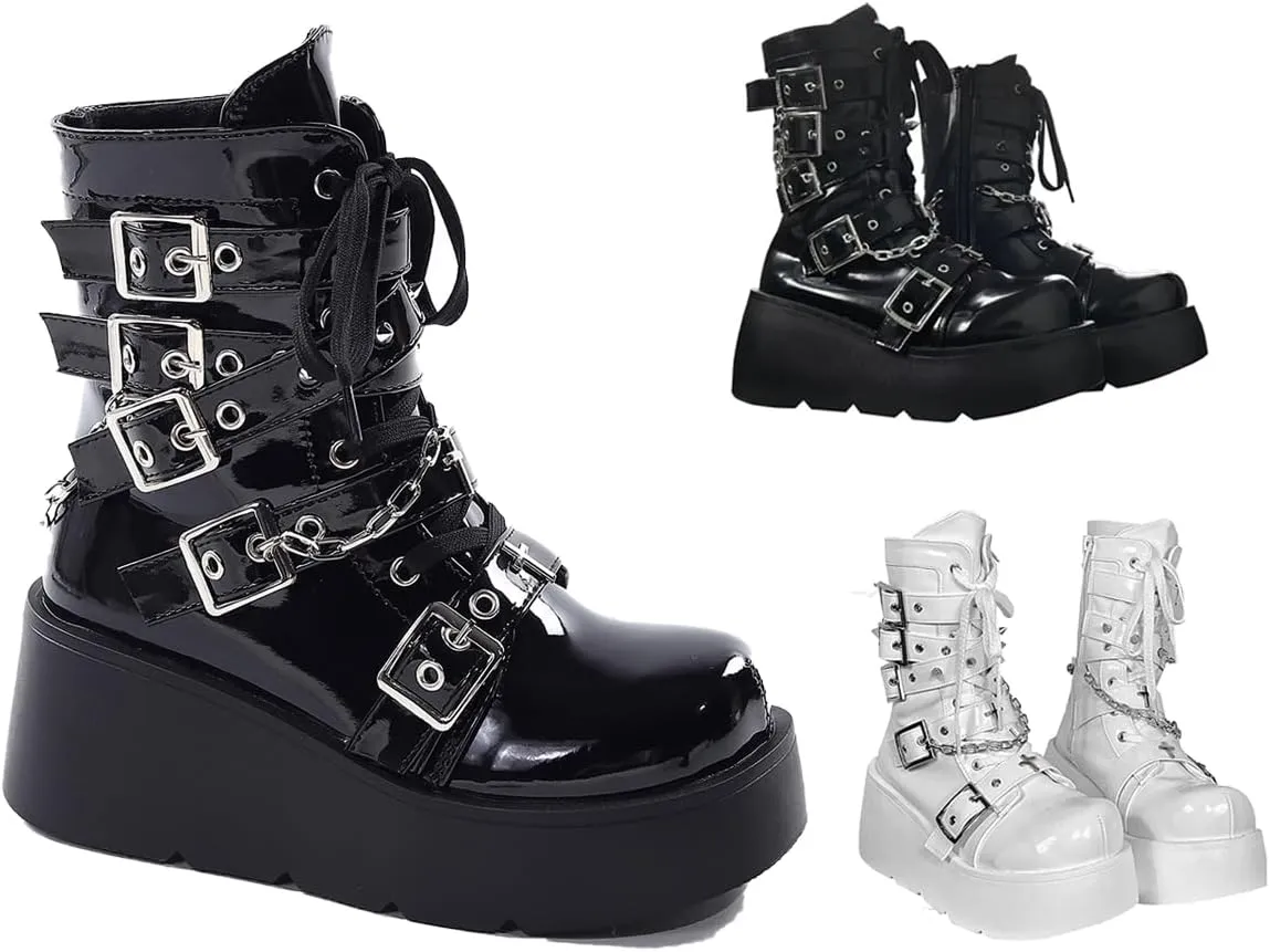 Women's Goth Platform Lace Up with Bat Wing Buckles Chunky Block Heels Round Toe Zipper Punk Motorcycle Combat Boots Comfy Short Gothic Booties