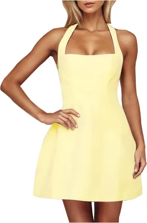 Womens Halter Dress Summer Solid Color A Line Wrap Short Dresses Sleeveless Mini Sundresses Workout Outfits Clothes