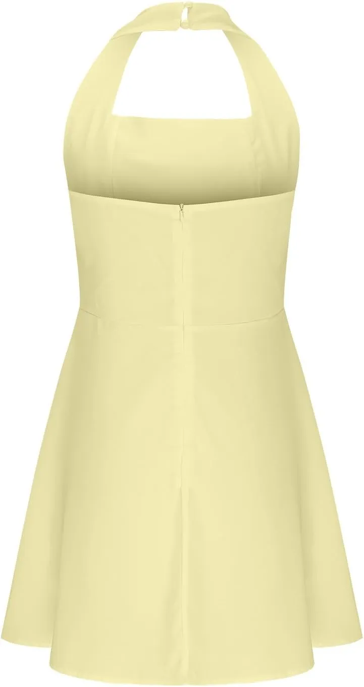 Womens Halter Dress Summer Solid Color A Line Wrap Short Dresses Sleeveless Mini Sundresses Workout Outfits Clothes