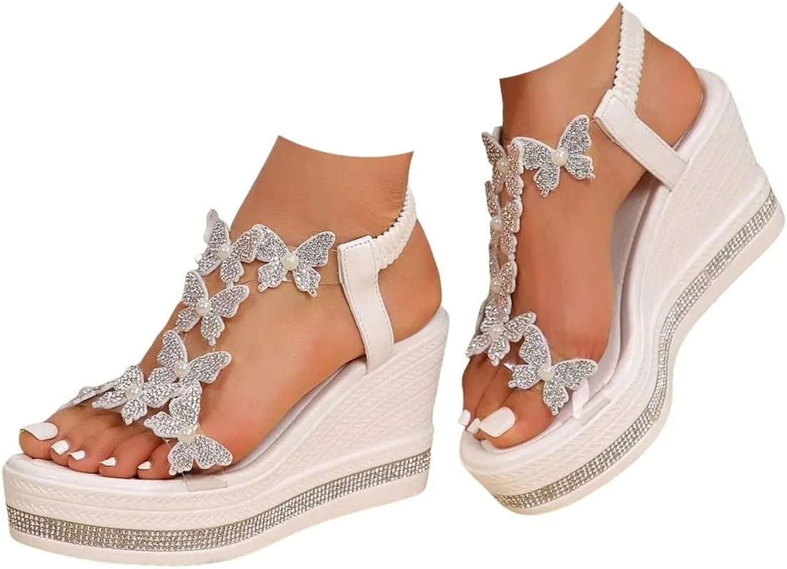 Women's High Heel Wedge Sandals Platform Fashionable Butterfly Decoration Rhinestones Cute Women Slides Sandals Platform