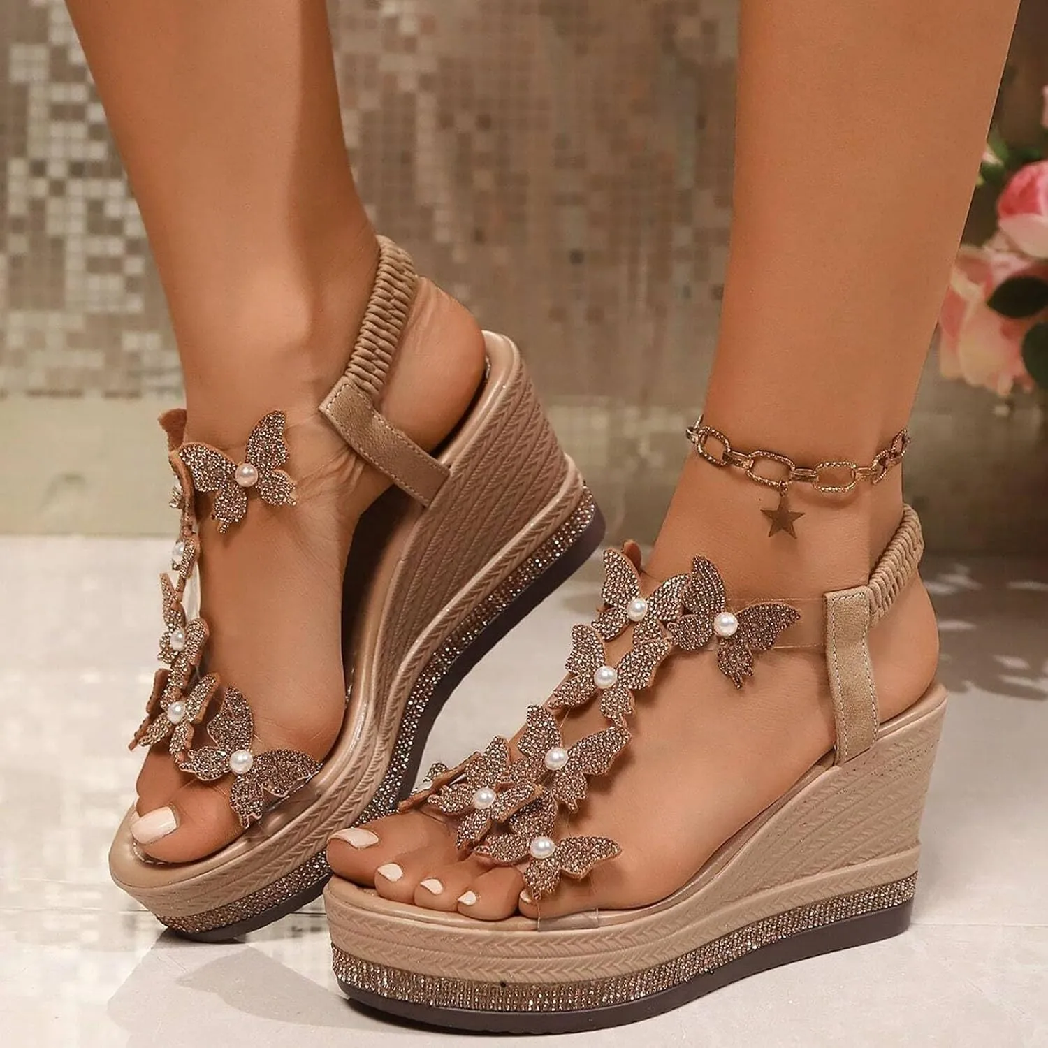 Women's High Heel Wedge Sandals Platform Fashionable Butterfly Decoration Rhinestones Cute Women Slides Sandals Platform