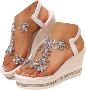 Women's High Heel Wedge Sandals Platform Fashionable Butterfly Decoration Rhinestones Cute Women Slides Sandals Platform