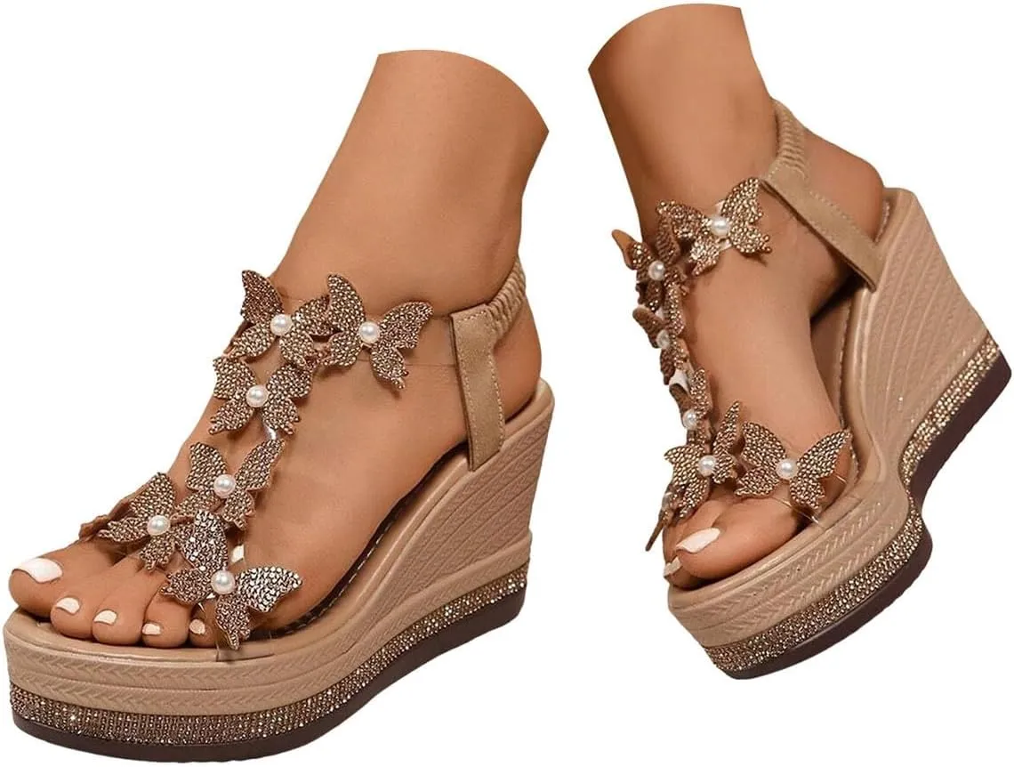 Women's High Heel Wedge Sandals Platform Fashionable Butterfly Decoration Rhinestones Cute Women Slides Sandals Platform