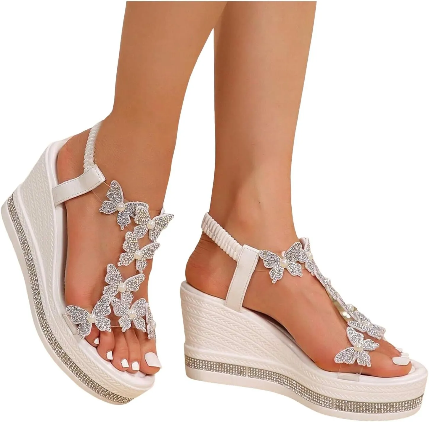 Women's High Heel Wedge Sandals Platform Fashionable Butterfly Decoration Rhinestones Cute Women Slides Sandals Platform
