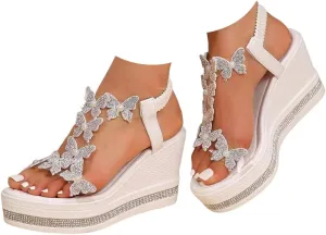 Women's High Heel Wedge Sandals Platform Fashionable Butterfly Decoration Rhinestones Cute Women Slides Sandals Platform
