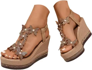 Women's High Heel Wedge Sandals Platform Fashionable Butterfly Decoration Rhinestones Cute Women Slides Sandals Platform