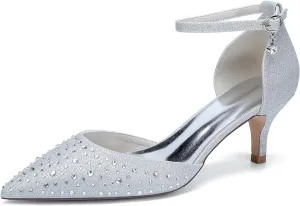 Women's High Heels Closed Toe Stiletto Ankle Strap Grit Rhinestones Wedding Shoes Pointed Toe D'Orsay Dress Party Pumps