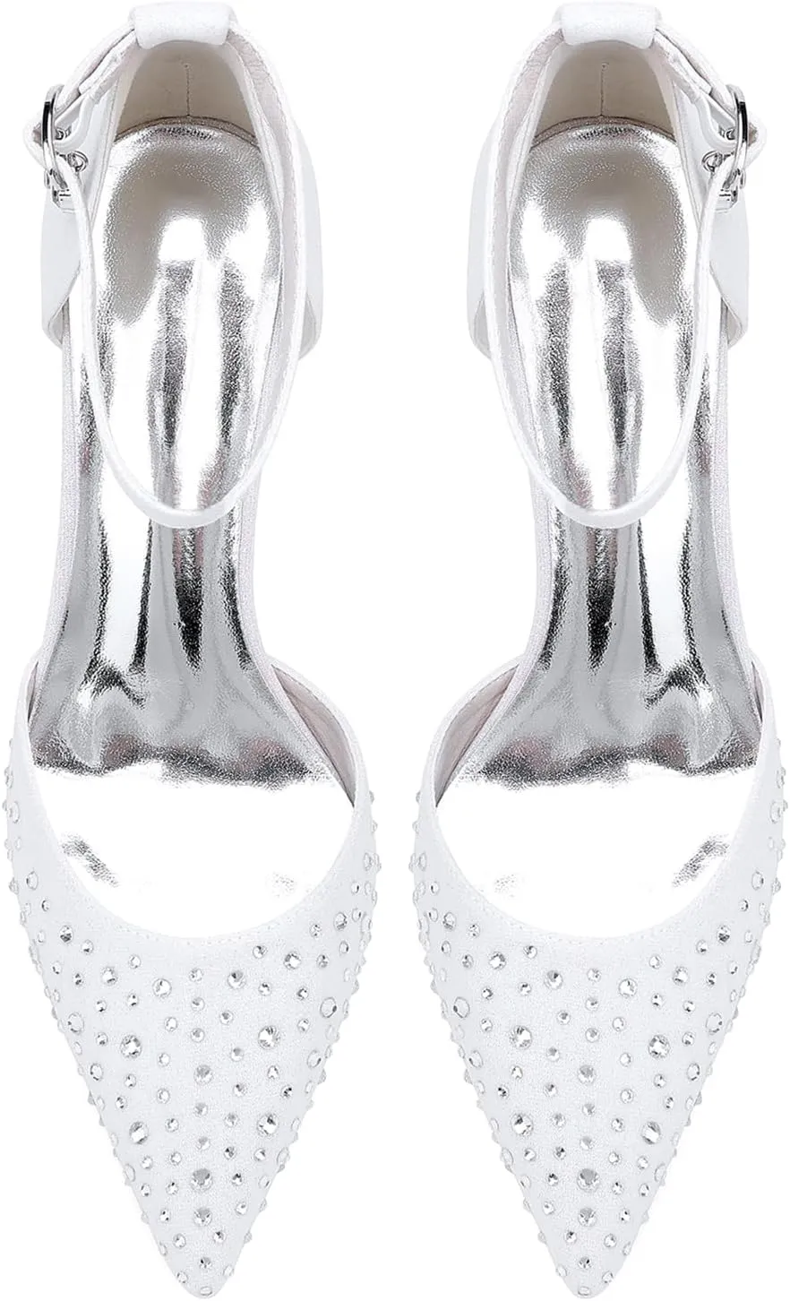 Women's High Heels Closed Toe Stiletto Ankle Strap Grit Rhinestones Wedding Shoes Pointed Toe D'Orsay Dress Party Pumps