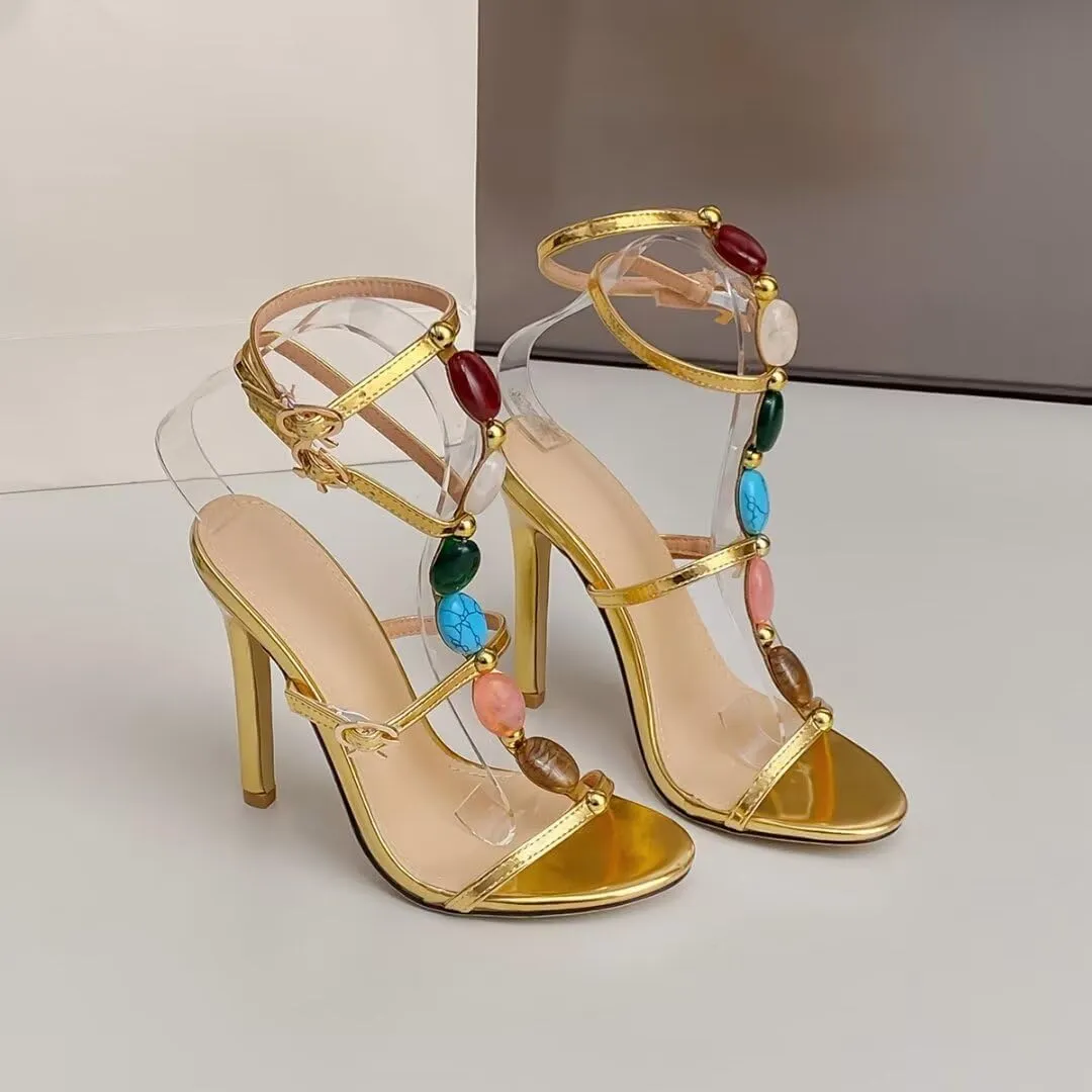 Women's Jeweled Ankle Strap Stiletto Heels Sandals Summer Open Toe Strappy Gladiator Heeled Sandals for Women