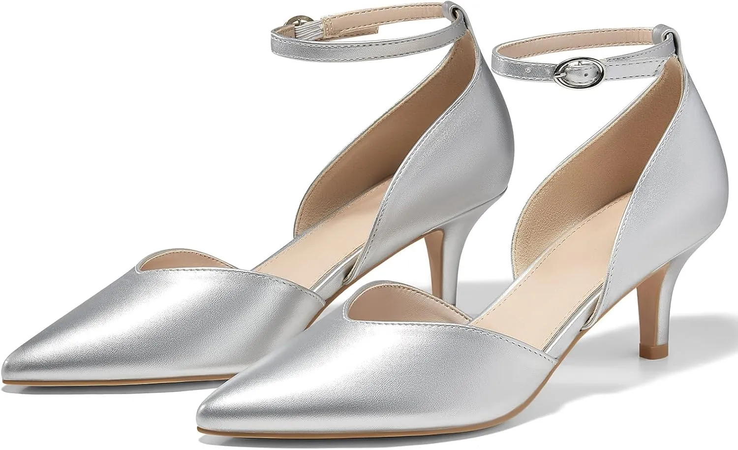 Womens Kitten Heels Comfortable Low Heel Dress Shoes Pointed Toe Ankle Strap Cutout D'Orsay Wedding Party Pumps