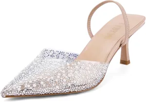 Women's Kitten Heels Pearl Closed Pointed Toe Pumps Rhinestone Slingback Heels Wedding Bride Dress Shoes