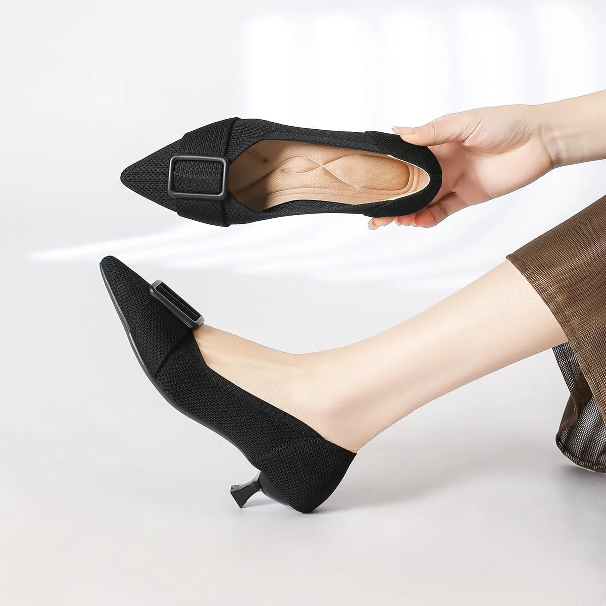 Womens Kitten Heels Pumps Shoes Comfortable Knit Closed Toe Heels for Women Work Office Casual Wedding Dressy