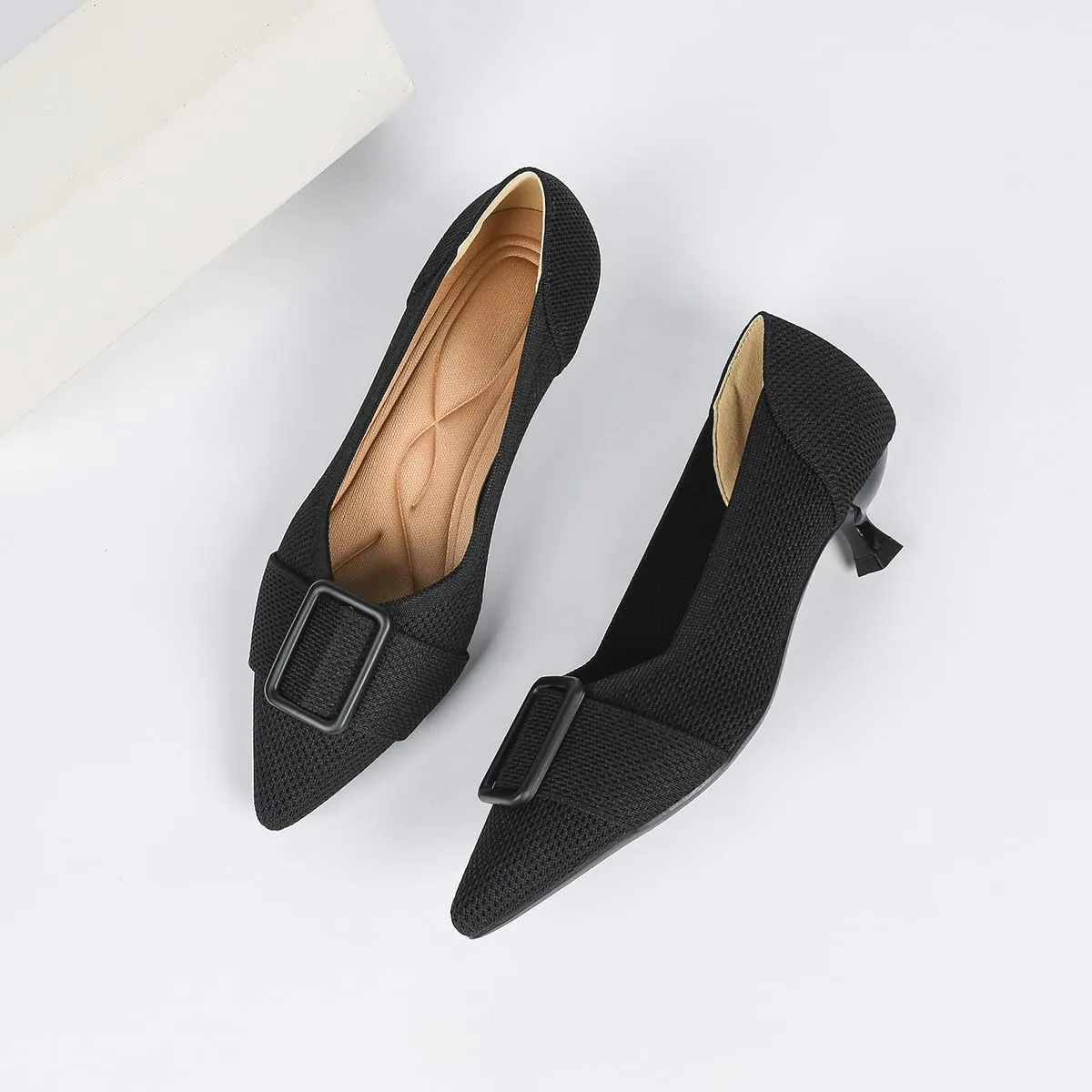 Womens Kitten Heels Pumps Shoes Comfortable Knit Closed Toe Heels for Women Work Office Casual Wedding Dressy
