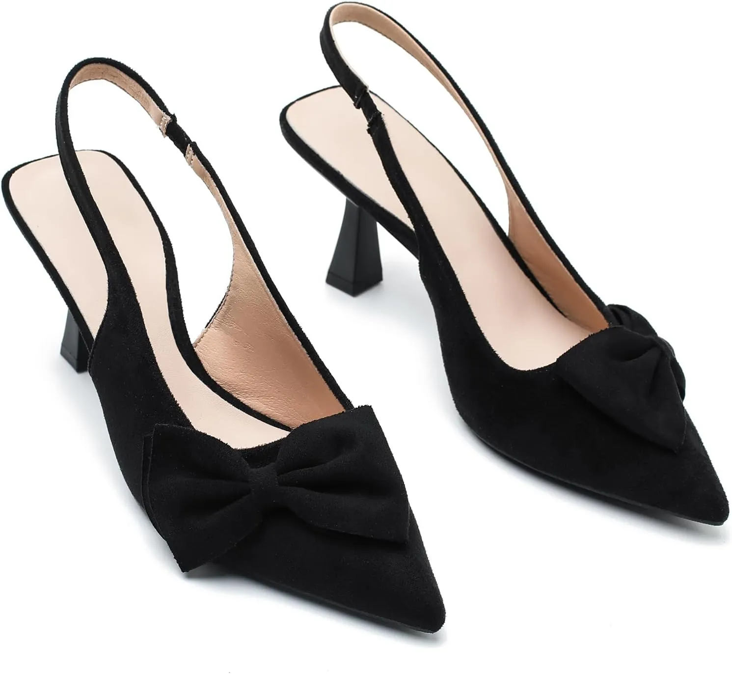 Womens Kitten Heels with Bow Slingback Pointed Closed Toe Low Stiletto Pumps Bridal Elegant Wedding Dress Shoes