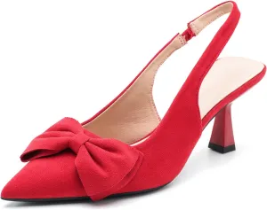 Womens Kitten Heels with Bow Slingback Pointed Closed Toe Low Stiletto Pumps Bridal Elegant Wedding Dress Shoes