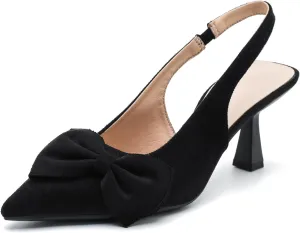 Womens Kitten Heels with Bow Slingback Pointed Closed Toe Low Stiletto Pumps Bridal Elegant Wedding Dress Shoes