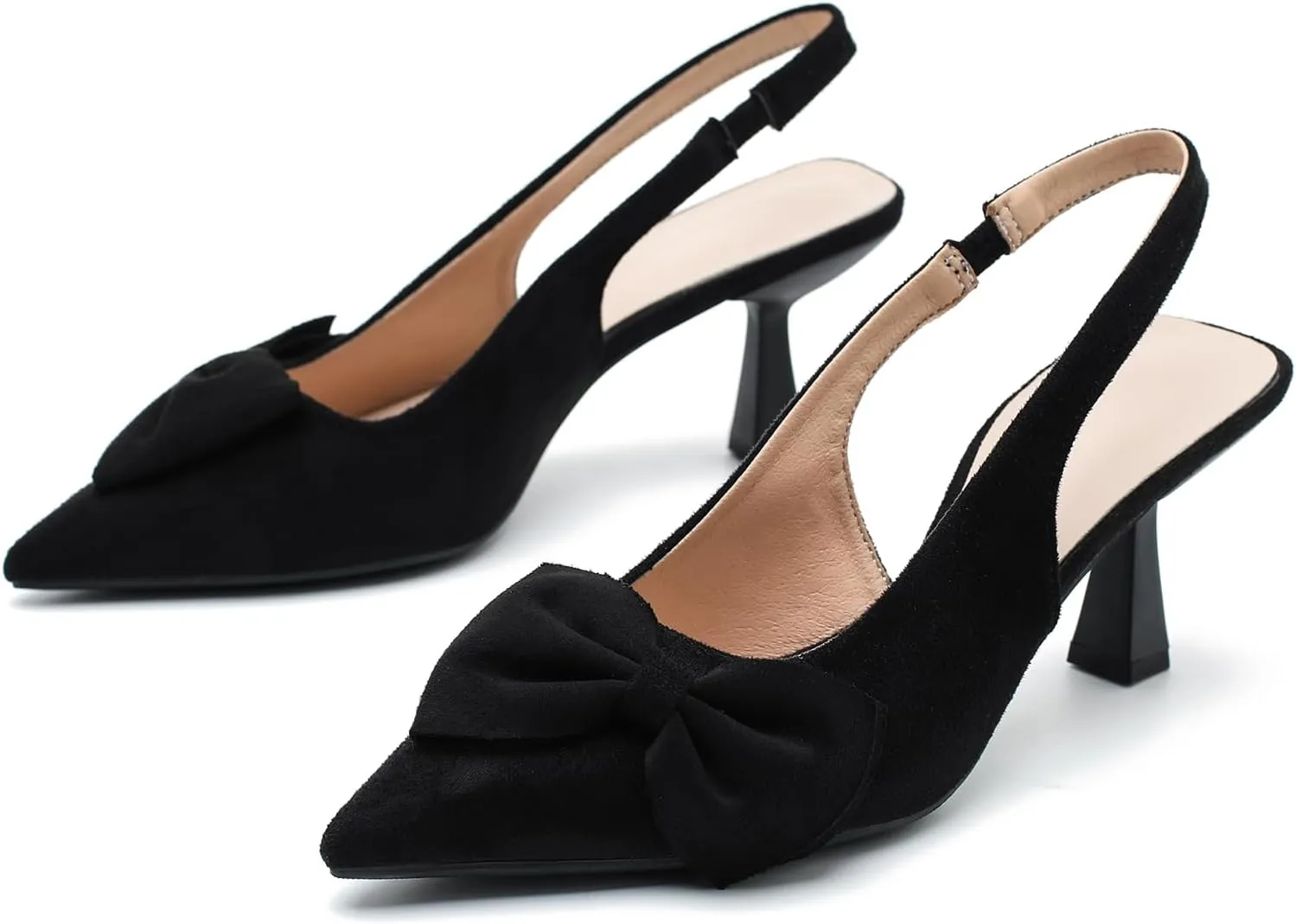 Womens Kitten Heels with Bow Slingback Pointed Closed Toe Low Stiletto Pumps Bridal Elegant Wedding Dress Shoes