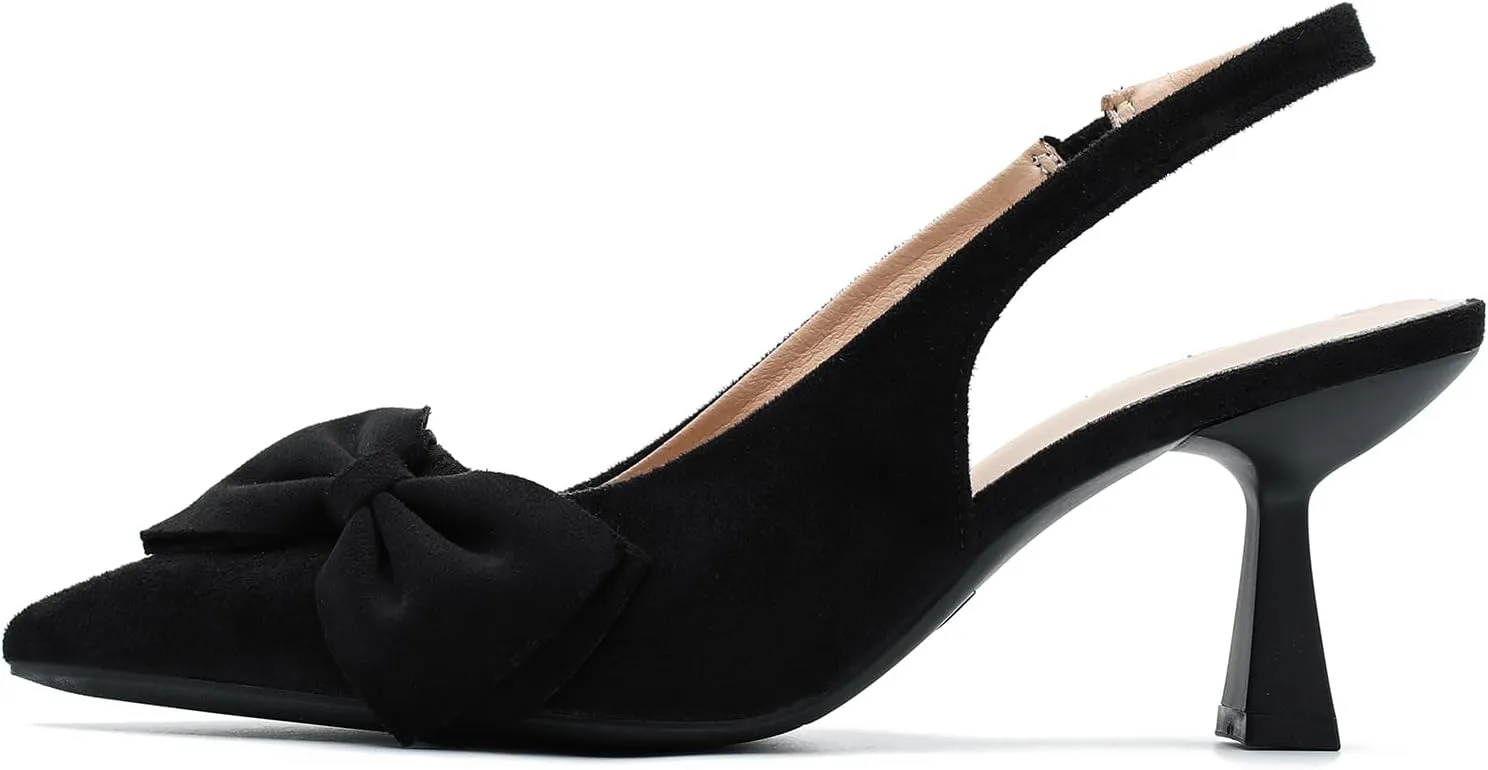 Womens Kitten Heels with Bow Slingback Pointed Closed Toe Low Stiletto Pumps Bridal Elegant Wedding Dress Shoes