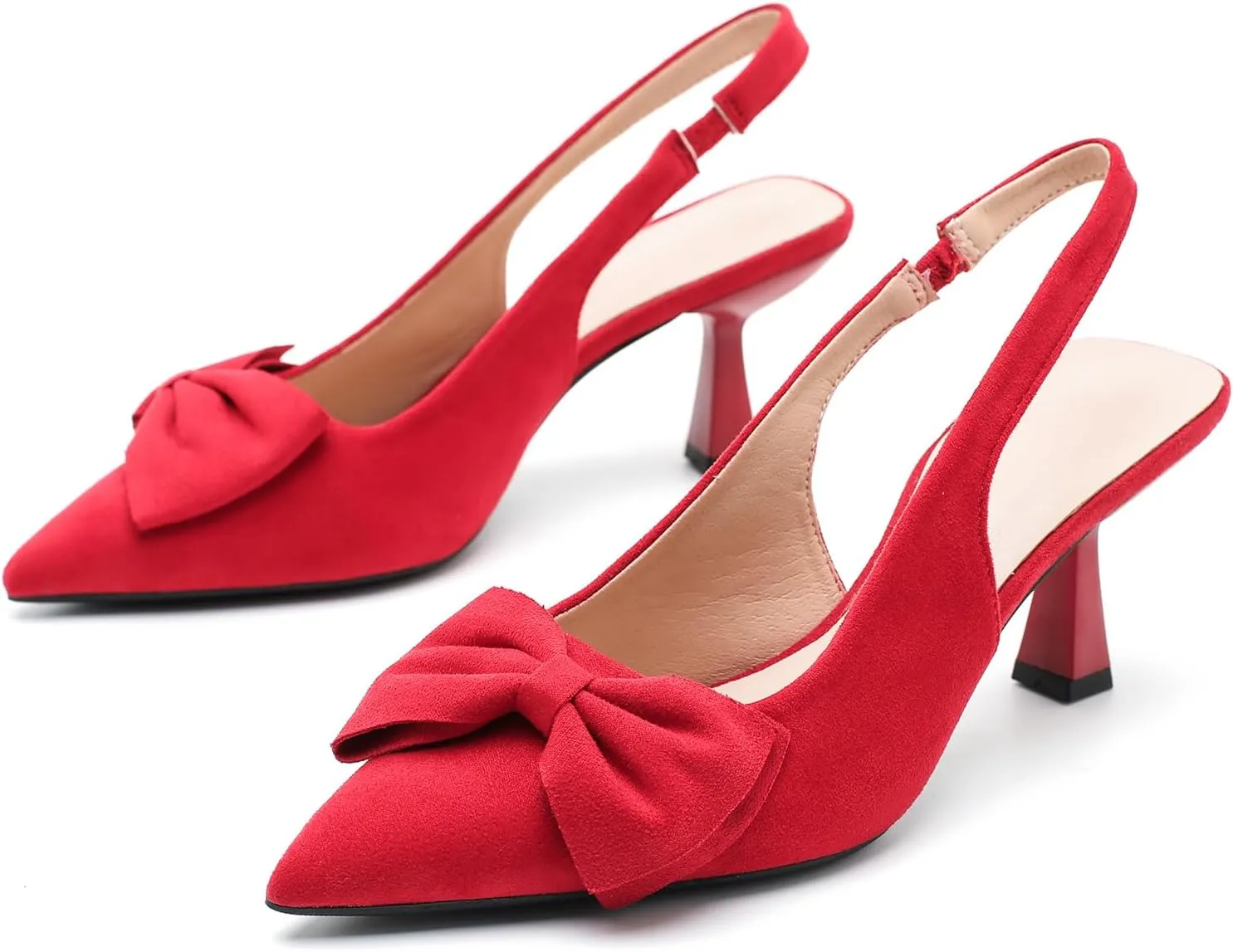 Womens Kitten Heels with Bow Slingback Pointed Closed Toe Low Stiletto Pumps Bridal Elegant Wedding Dress Shoes