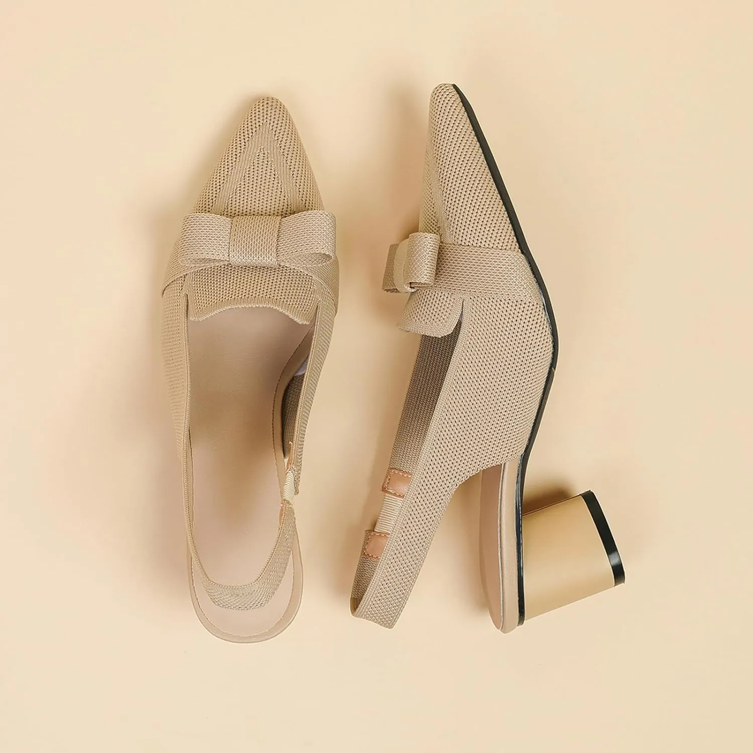 Women's Knitted Bow Slingback Chunky Heel Pumps Closed Pointed Toe Slip On Low Block Heels Daily Work Office Dress Shoes