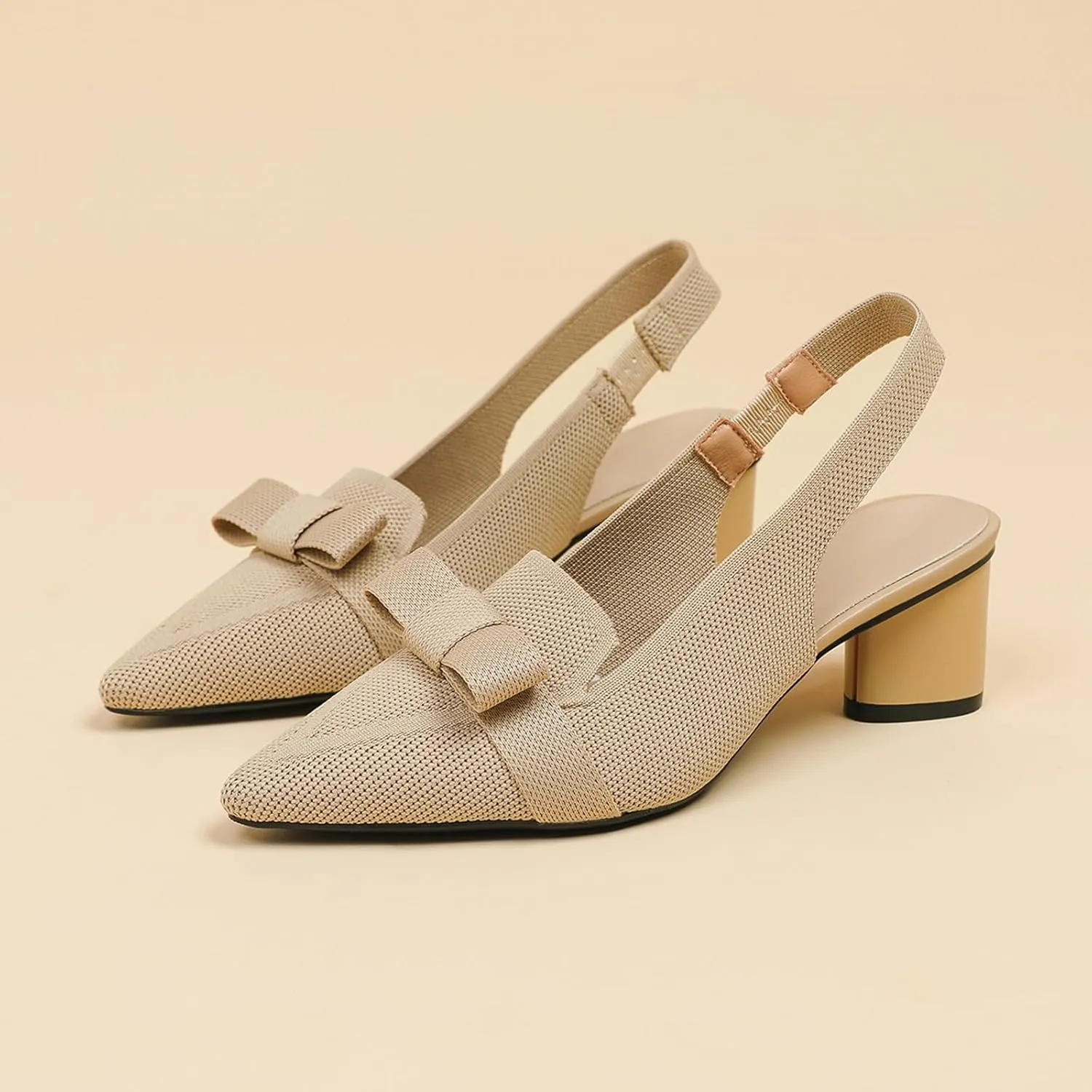 Women's Knitted Bow Slingback Chunky Heel Pumps Closed Pointed Toe Slip On Low Block Heels Daily Work Office Dress Shoes