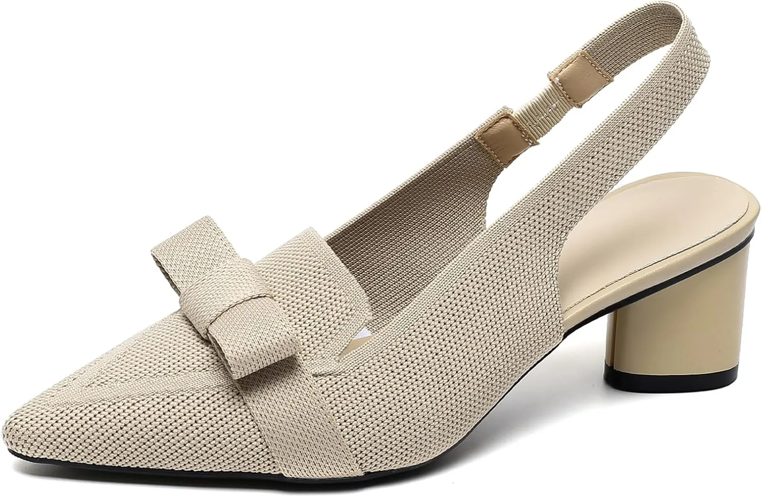 Women's Knitted Bow Slingback Chunky Heel Pumps Closed Pointed Toe Slip On Low Block Heels Daily Work Office Dress Shoes