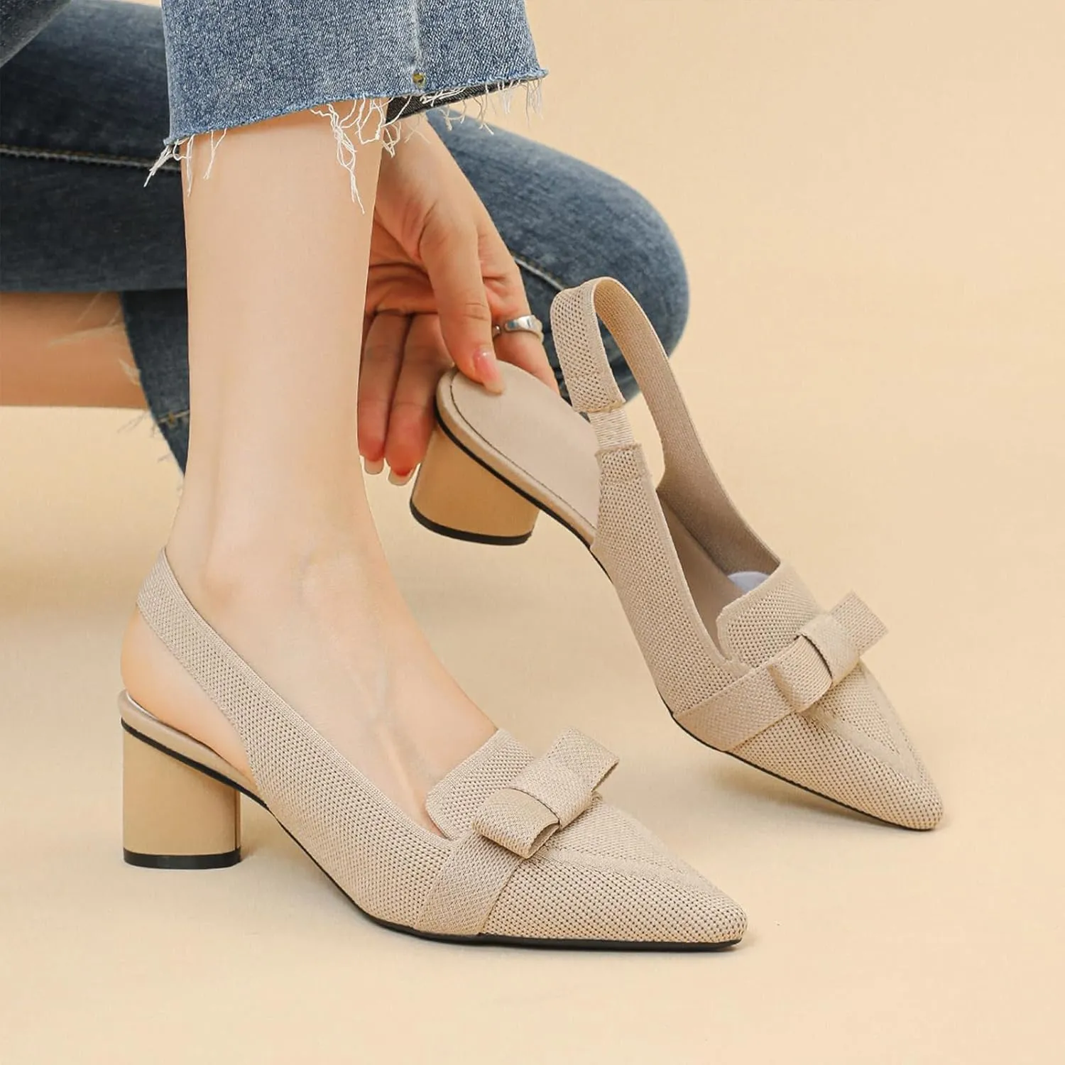 Women's Knitted Bow Slingback Chunky Heel Pumps Closed Pointed Toe Slip On Low Block Heels Daily Work Office Dress Shoes
