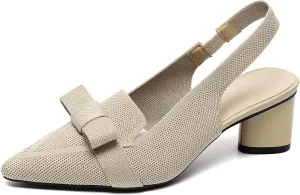 Women's Knitted Bow Slingback Chunky Heel Pumps Closed Pointed Toe Slip On Low Block Heels Daily Work Office Dress Shoes