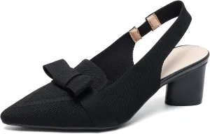 Women's Knitted Bow Slingback Chunky Heel Pumps Closed Pointed Toe Slip On Low Block Heels Daily Work Office Dress Shoes