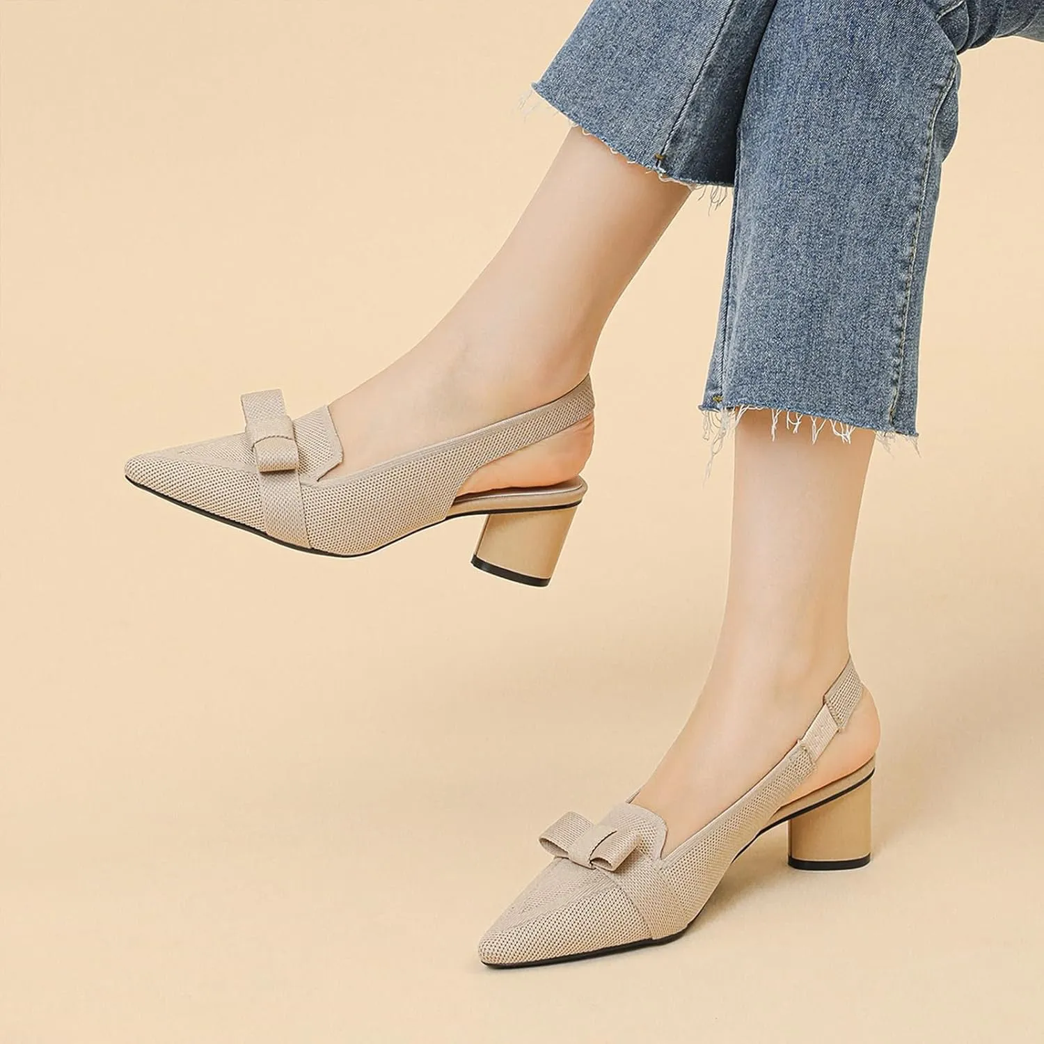 Women's Knitted Bow Slingback Chunky Heel Pumps Closed Pointed Toe Slip On Low Block Heels Daily Work Office Dress Shoes