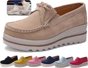 Women's Leather Platform Loafers Faux Suede Comfort Moccasins Comfortable Thick Soled Breathable Loafers，Wide Low Top Shoes Business Casual Walking Shoes