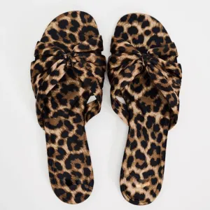 Women's Leopard Print Bow Decor Slide Sandals Flat Sandals Vacation Colorblock Open Toe Slip on Slide Sandal