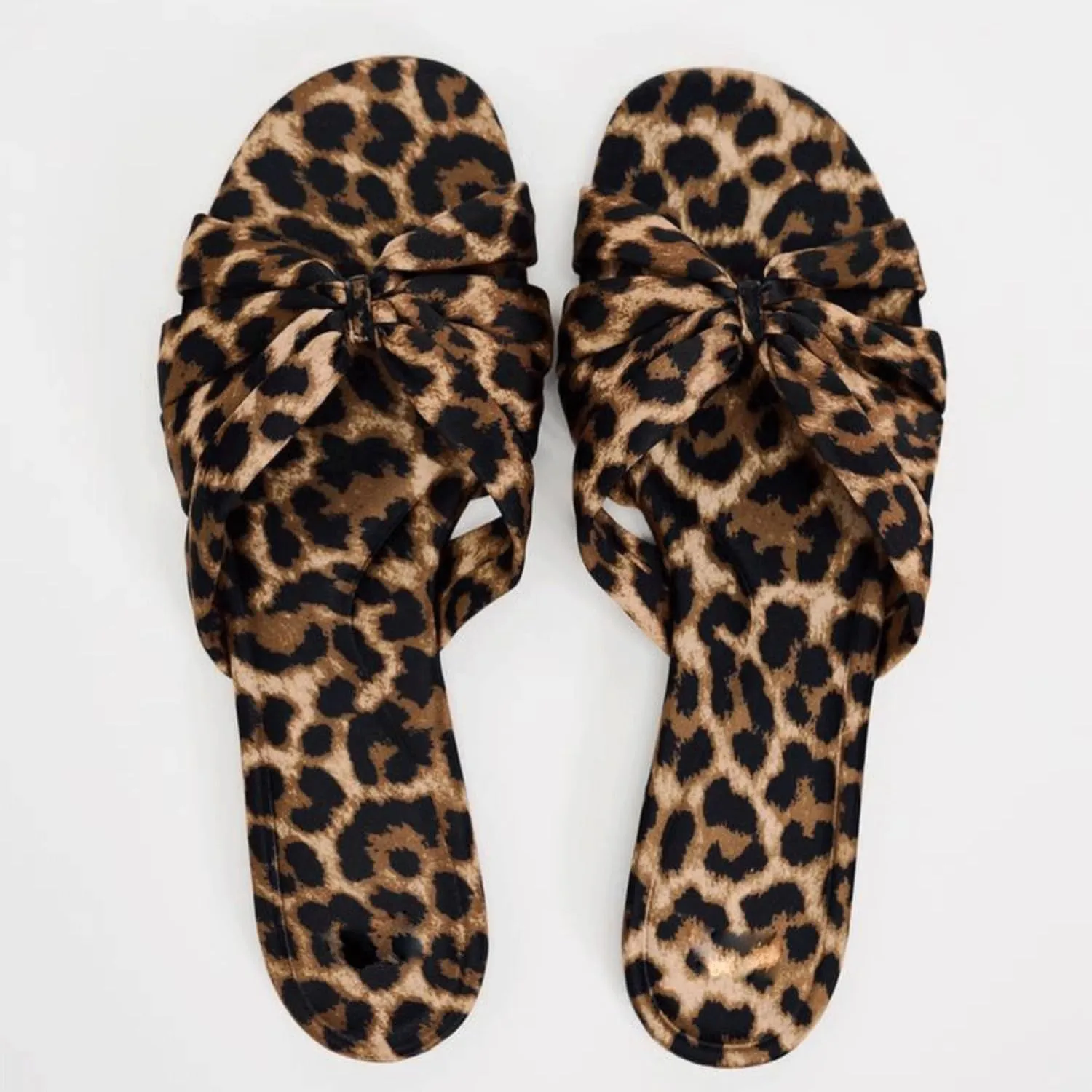 Women's Leopard Print Bow Decor Slide Sandals Flat Sandals Vacation Colorblock Open Toe Slip on Slide Sandal