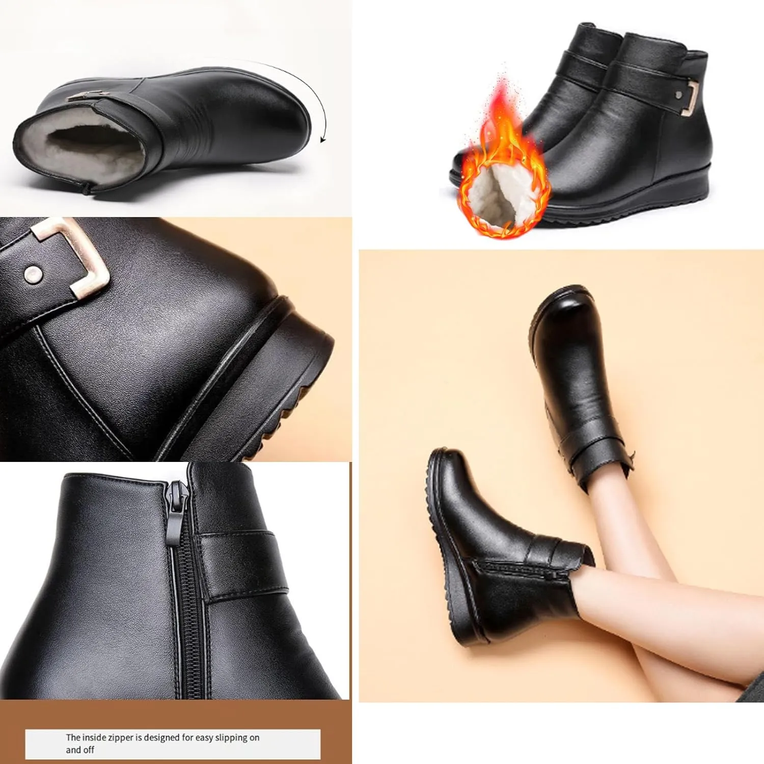 Women's Metal Buckle Genuine Leather Wool Orthopedic Boots,Winter Warm Non-Slip Fur Lined Waterproof Ankle Boots