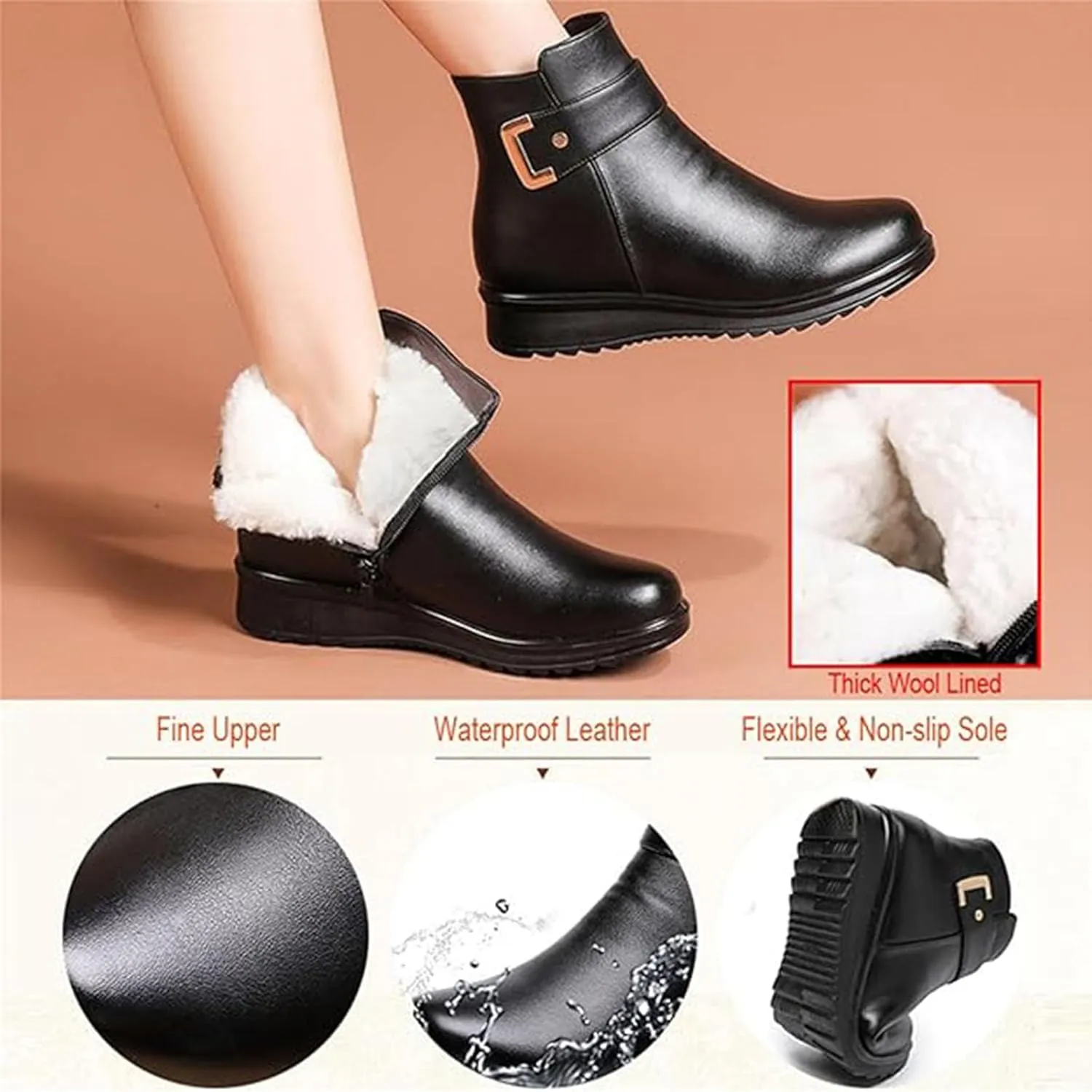 Women's Metal Buckle Genuine Leather Wool Orthopedic Boots,Winter Warm Non-Slip Fur Lined Waterproof Ankle Boots