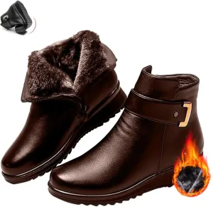 Women's Metal Buckle Genuine Leather Wool Orthopedic Boots,Winter Warm Non-Slip Fur Lined Waterproof Ankle Boots