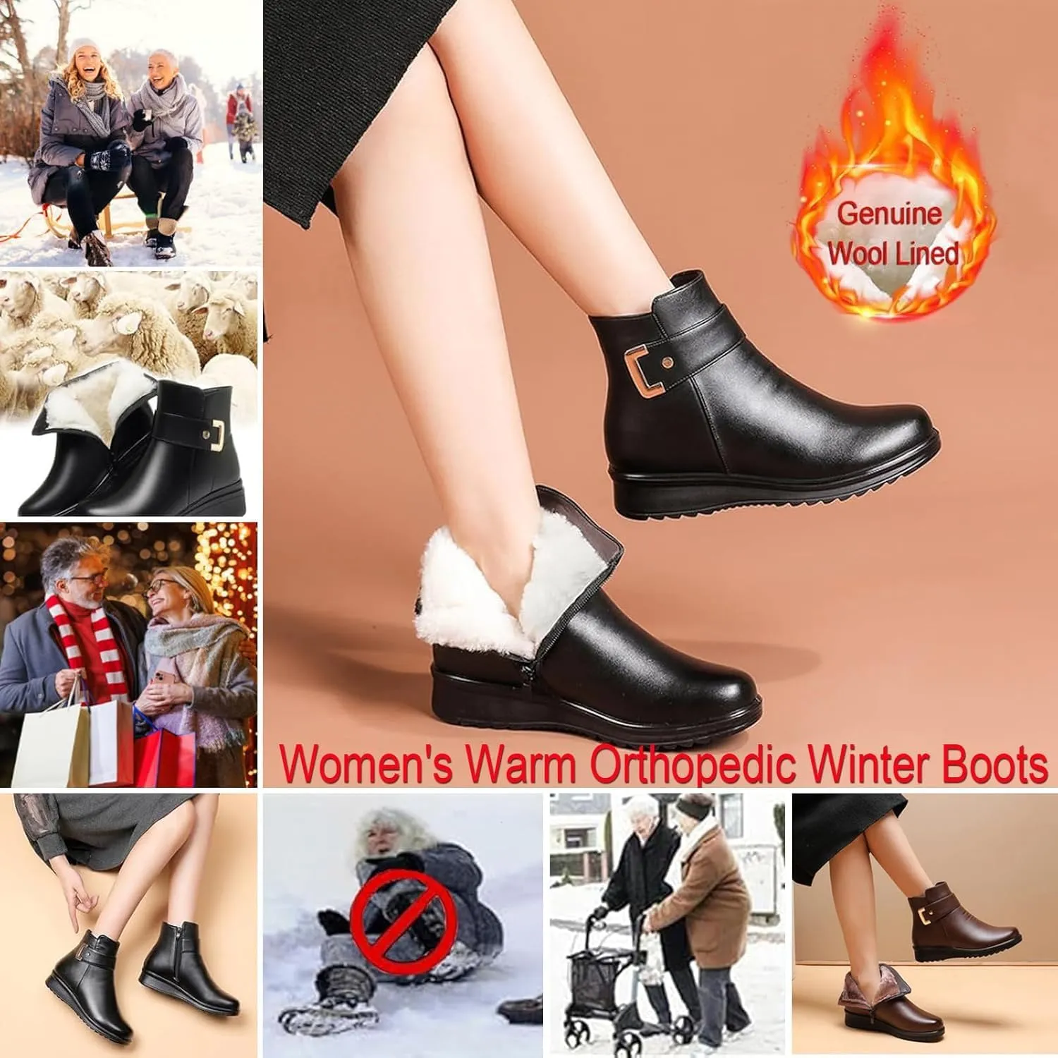 Women's Metal Buckle Genuine Leather Wool Orthopedic Boots,Winter Warm Non-Slip Fur Lined Waterproof Ankle Boots