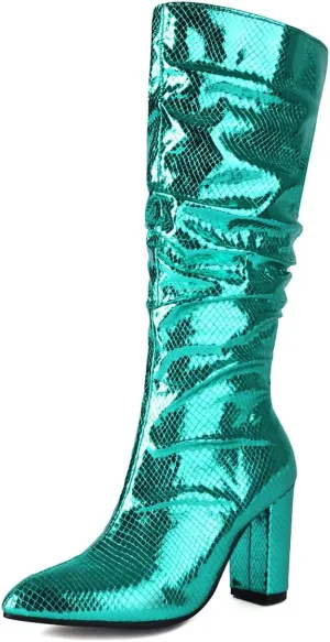 Women's Metallic Slouch Knee High Boots Block Heel Pointed Toe Faux Crocodile Long Boots