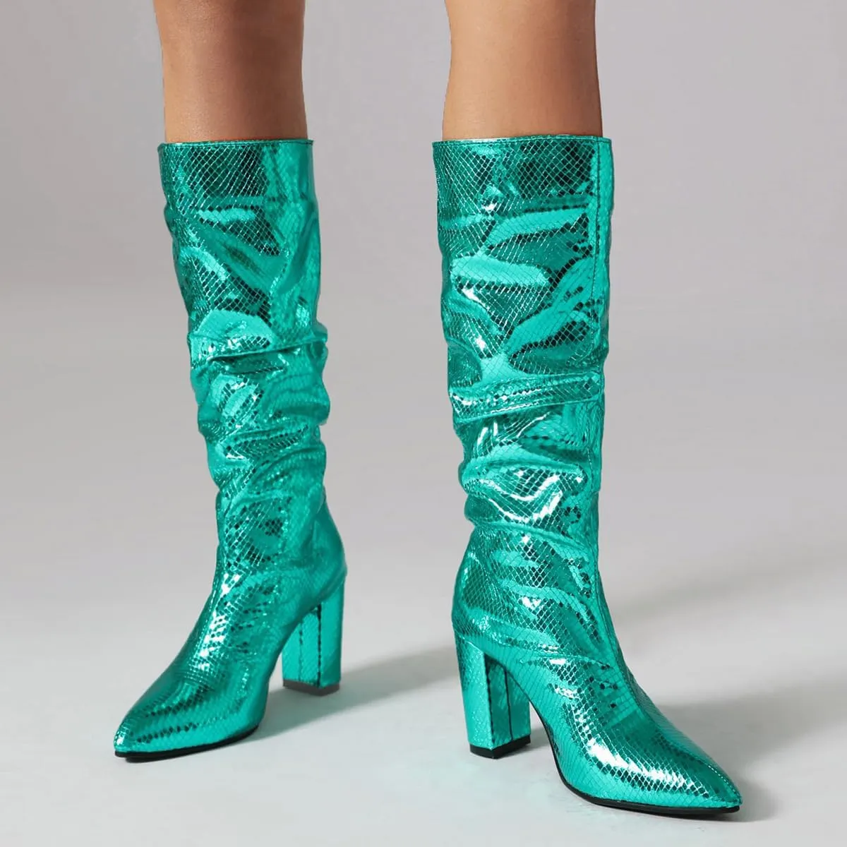 Women's Metallic Slouch Knee High Boots Block Heel Pointed Toe Faux Crocodile Long Boots