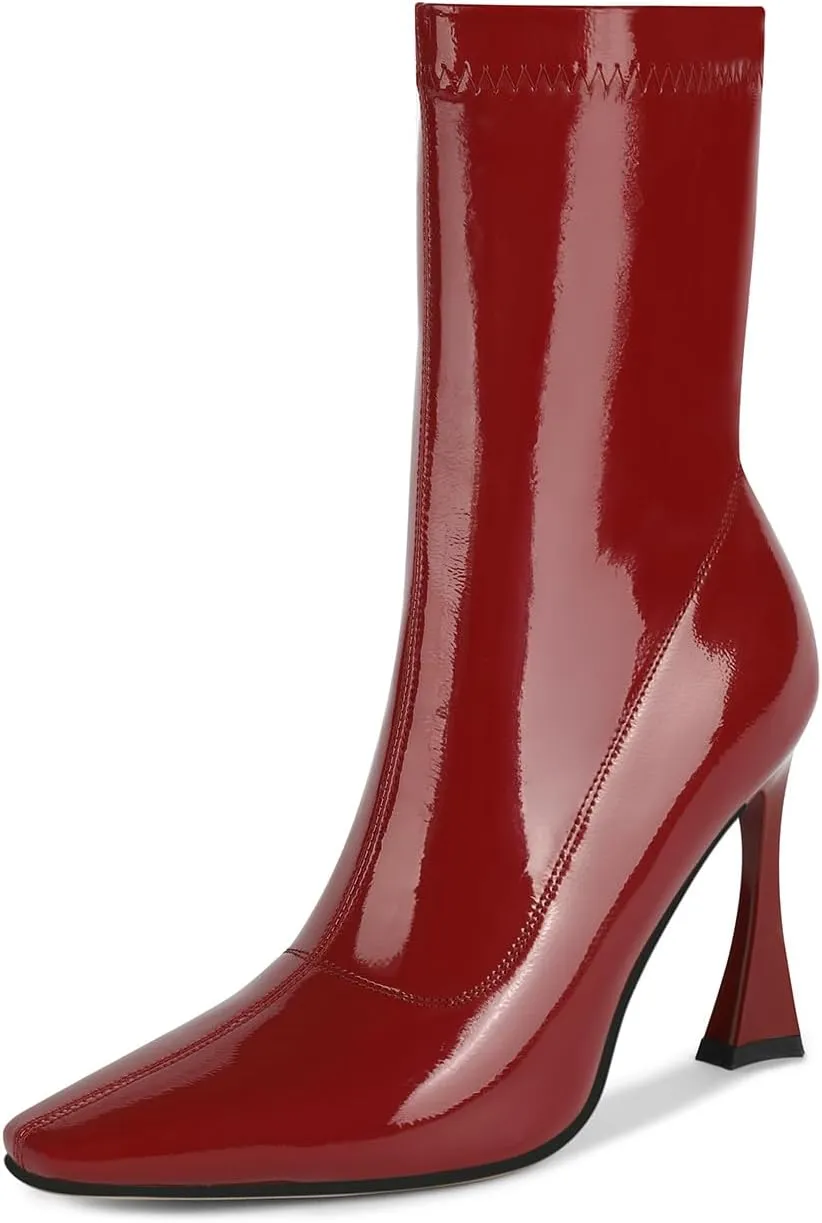Women's Mid Calf Boots High Stiletto Sexy Heel Square Toe Ankle Booties with Zipper Patent Leather High Heel Short Boots