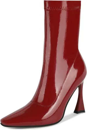 Women's Mid Calf Boots High Stiletto Sexy Heel Square Toe Ankle Booties with Zipper Patent Leather High Heel Short Boots