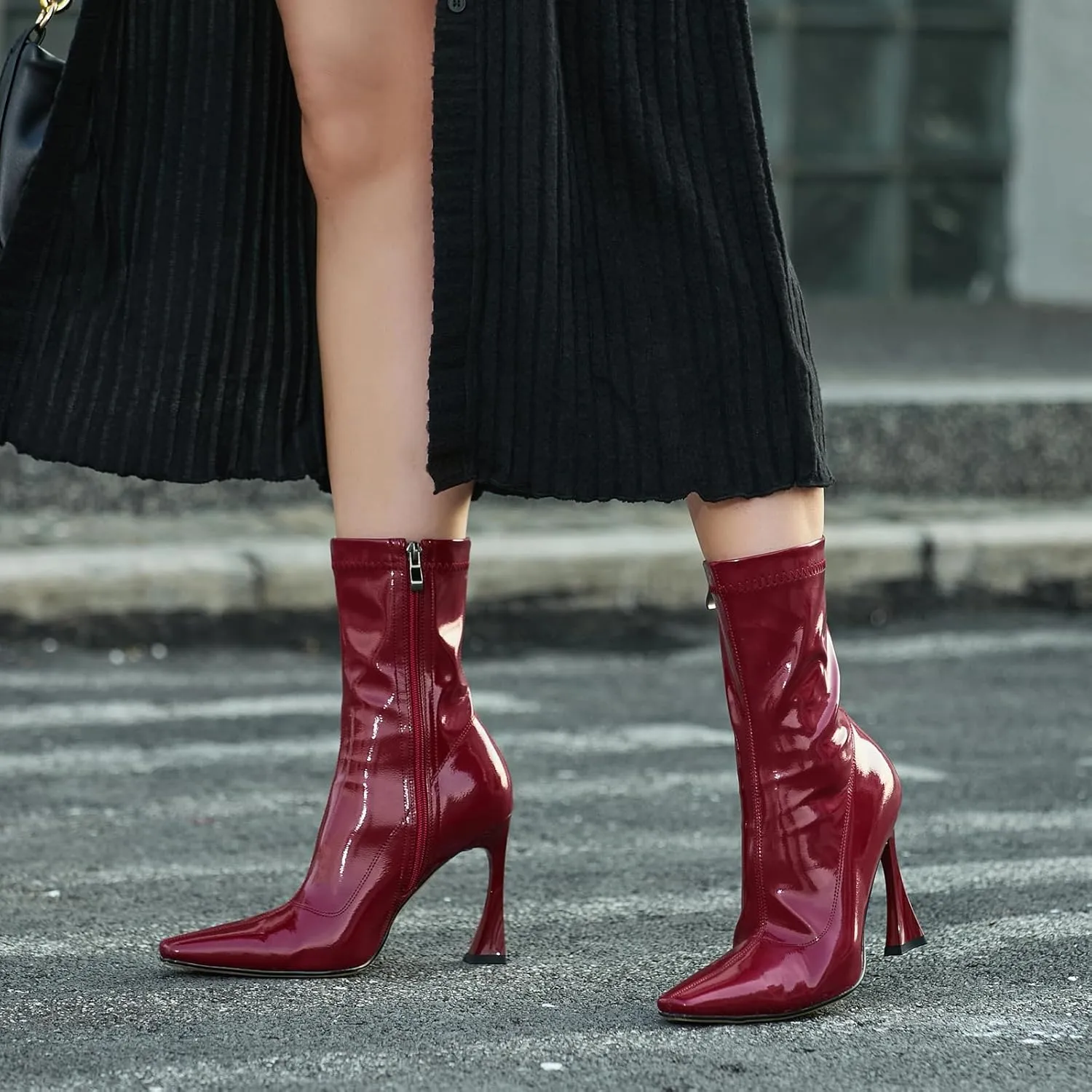 Women's Mid Calf Boots High Stiletto Sexy Heel Square Toe Ankle Booties with Zipper Patent Leather High Heel Short Boots