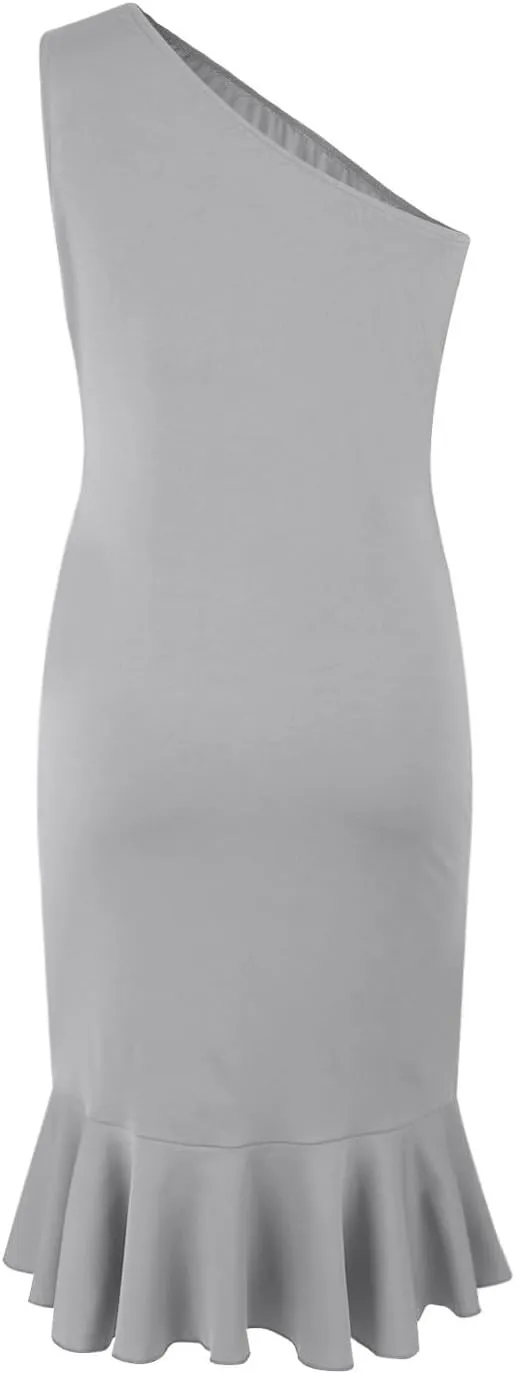 Womens One Shoulder Ruffle Formal Dress Sexy Summer Sleeveless Bodycon Ruched Wrap Split Cocktail Dresses