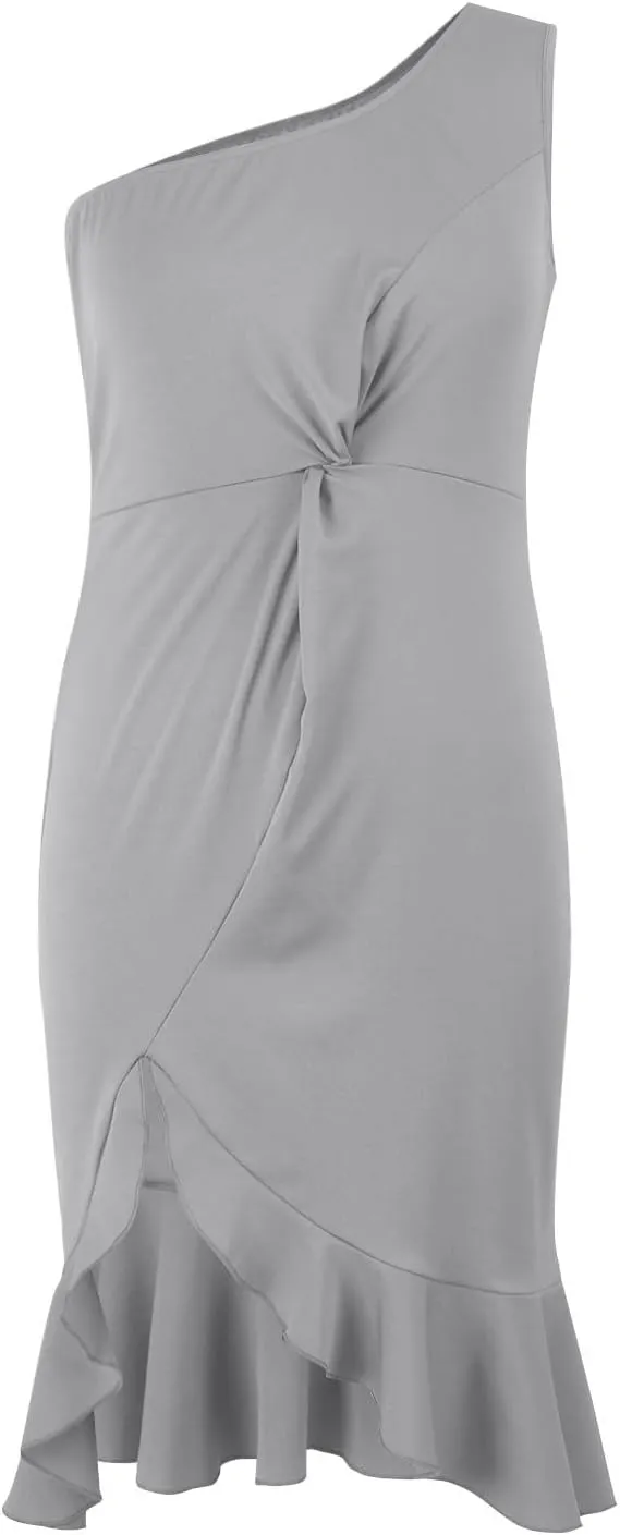 Womens One Shoulder Ruffle Formal Dress Sexy Summer Sleeveless Bodycon Ruched Wrap Split Cocktail Dresses