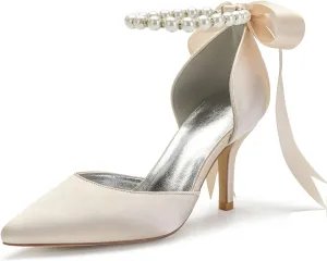 Women's Pearl White Wedding Shoes for Bride High Heels Pointed Toe Bridal Shoes Satin Prom Party Dress Pumps Sandals