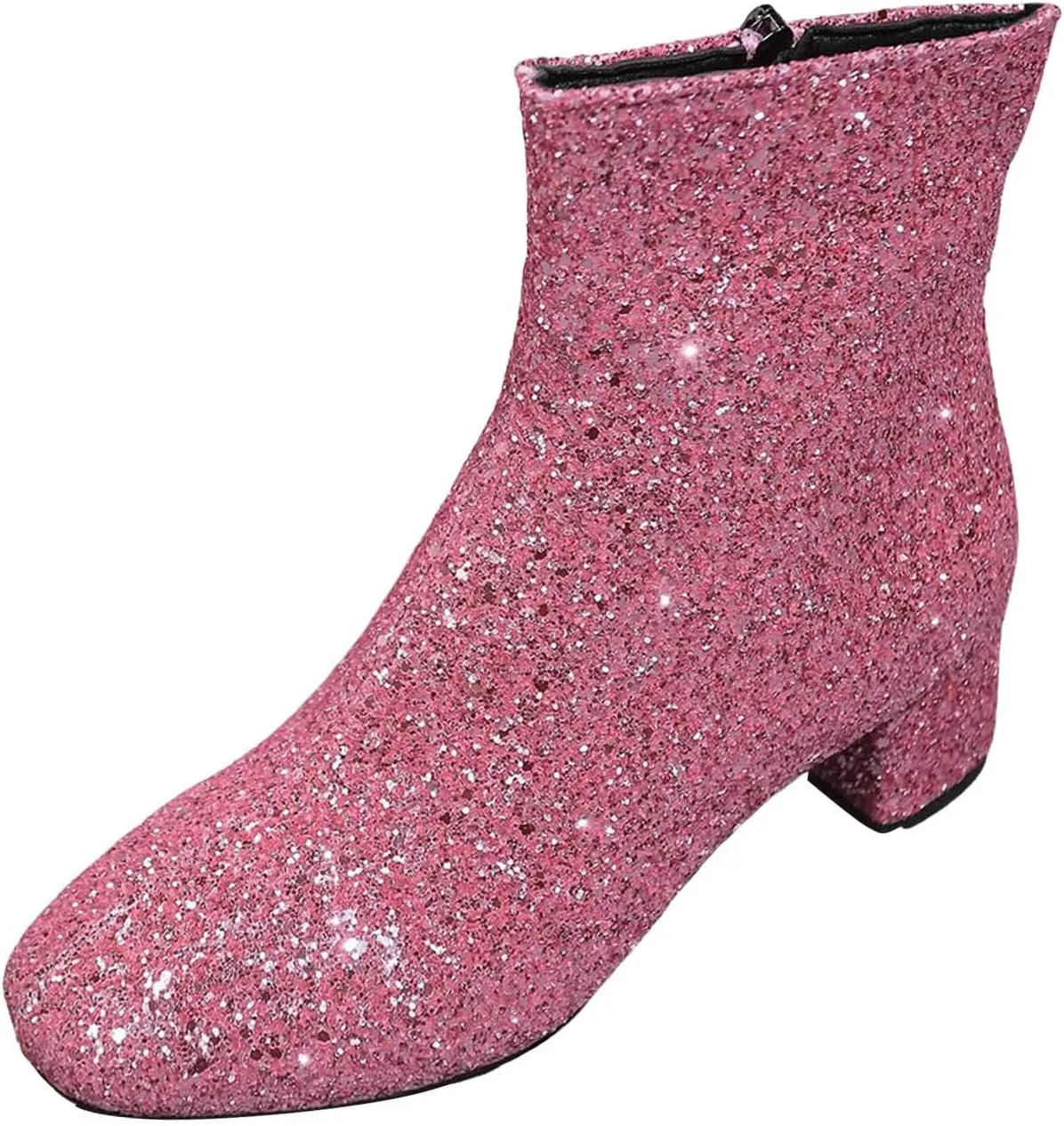 Women's Pink Ankle Boots, Glamorous Fashion Boots with Rhinestone Embroidery and Chunky Heel