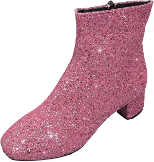 Women's Pink Ankle Boots, Glamorous Fashion Boots with Rhinestone Embroidery and Chunky Heel