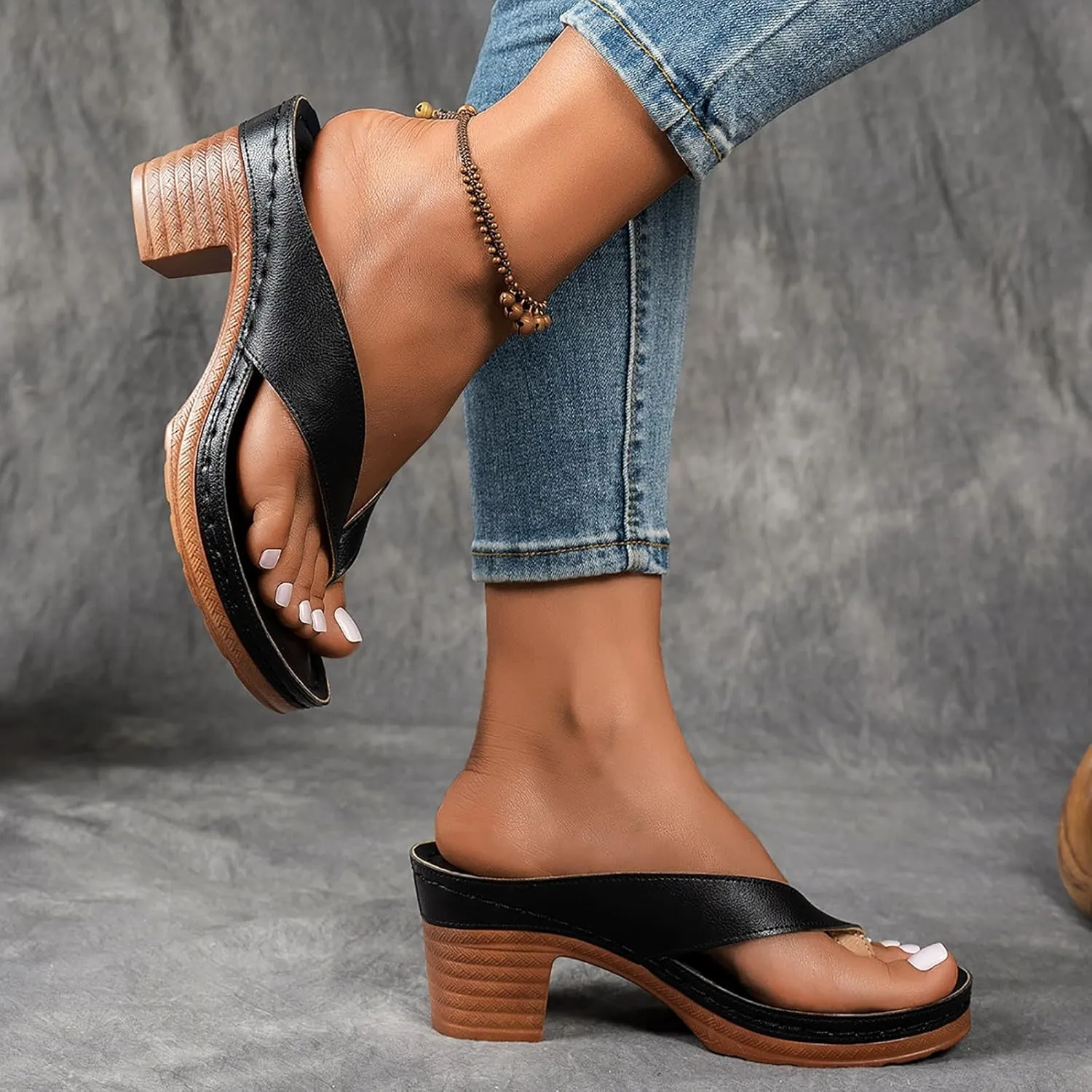 Women's Platform Chunky Heels Low Block Heeled Sandals Open Toe Slides Fashion Wedding Party Dress Sandals Casual Summer Mules Slip-on Shoes (b1-Black, 7)
