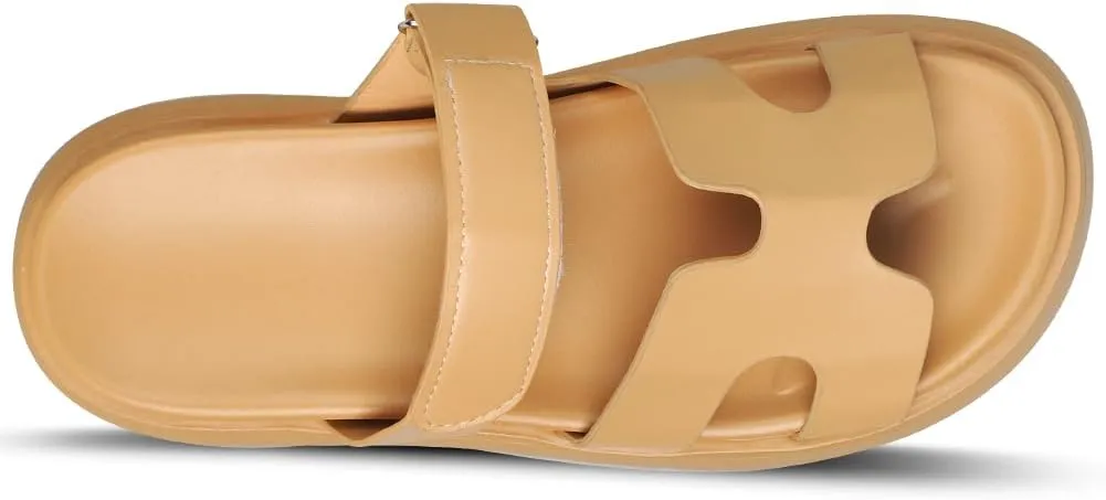 Womens Platform Sandals H Band Sandals for Women Slip On Sandals Leather Sandals for Women Velcro Adjustable