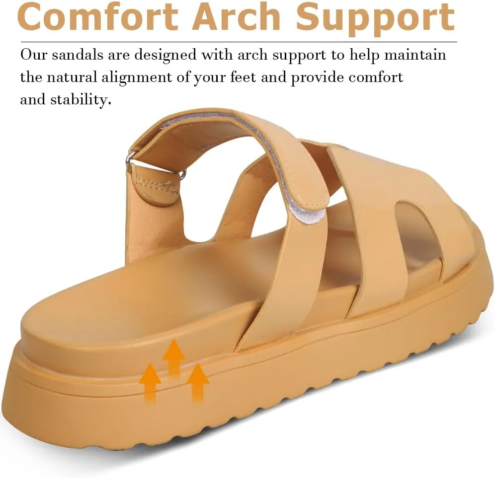 Womens Platform Sandals H Band Sandals for Women Slip On Sandals Leather Sandals for Women Velcro Adjustable